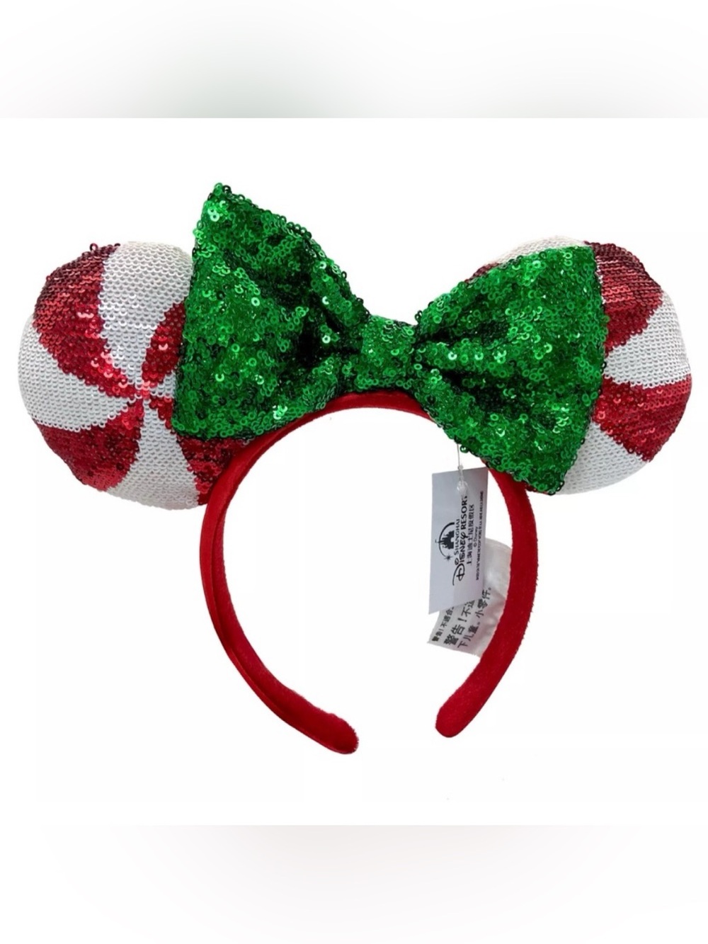 🎄NWT DISNEY PARKS Christmas Candy Cane Sequin Mickey Minnie Ears Headband